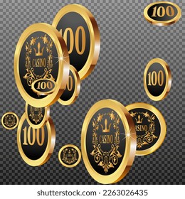 Casino Gold Chips are falling down. Casino Chips rain. Pattern for ads of parties, events in Vegas. Symbol of success and good luck

