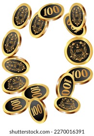 Casino Gold Chips are falling down. Casino Chips rain. Pattern for ads of parties, events in Vegas. Symbol of success and good luck
