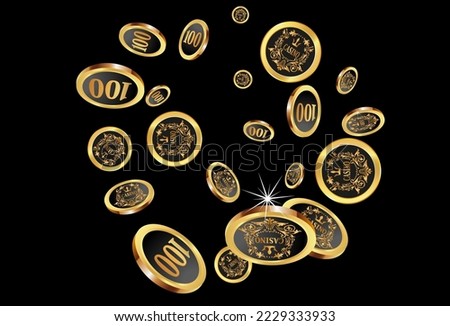 Casino Gold Chips are falling down. Casino Chips rain. Pattern for ads of parties, events in Vegas. Symbol of success and good luck