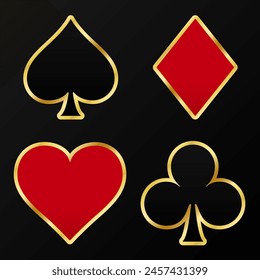 Casino Gold Elements Card Suits Set on Dark Grey background vector illustration