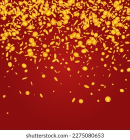Casino Gold Jackpot Vector Red Background. Metal Confetti Fly Template. Shiny Cash Design. Business Money Banner.