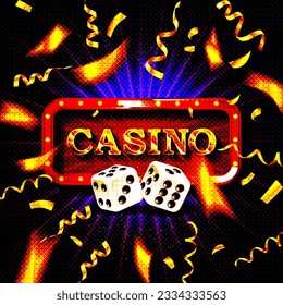 Casino gold text on retro red board vector banner. Win congratulations in frame illustration for casino or online games. Explosion coins on color background.