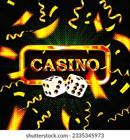 Casino gold text on retro red board vector banner. Win congratulations in frame illustration for casino or online games. Explosion coins on color background.