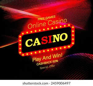 Casino gold text on retro red board vector banner. Win congratulations in frame illustration for casino or online games. Explosion coins on purple background.