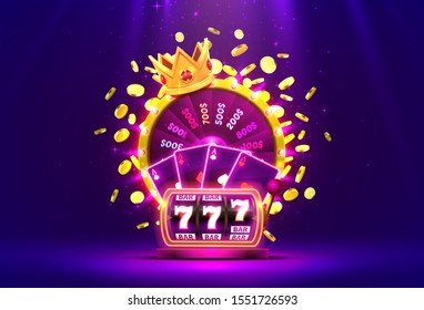 Casino golden colorful fortune wheel, Neon slot machine, Playing Cards wins the jackpot. Vector illustration