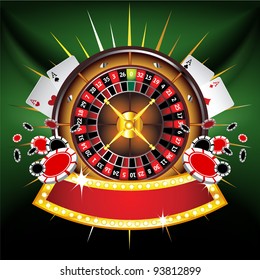 Casino gold-framed composition with roulette wheel on green background