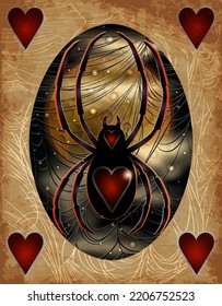 Casino Halloween poker card, full moon and spider hearts, vector illustration