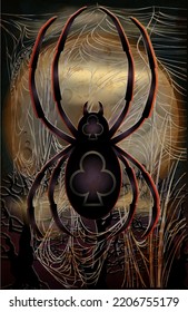 Casino Halloween poker card, full moon and spider clubs, vector illustration