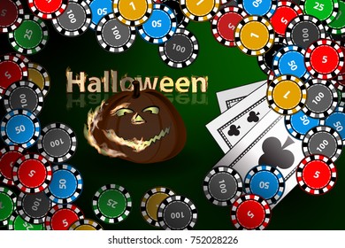 casino halloween poker. Halloween. pumpkin lantern with fire and poker chips. illustration for your design.