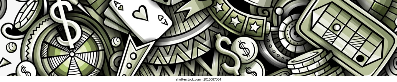 Casino hand drawn doodle banner. Cartoon vector detailed flyer. Illustration with gambling objects and symbols. Graphics horizontal background