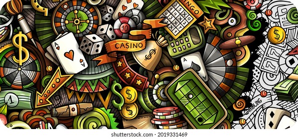 Casino hand drawn doodle banner. Cartoon vector detailed flyer. Illustration with gambling objects and symbols. Colorful horizontal background