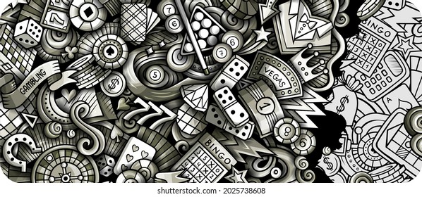 Casino hand drawn doodle banner. Cartoon vector detailed flyer. Illustration with gambling objects and symbols. Graphics horizontal background