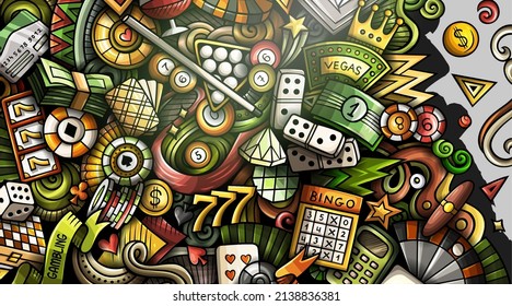 Casino hand drawn doodle banner. Cartoon vector detailed flyer. Illustration with gambling objects and symbols. Colorful horizontal background