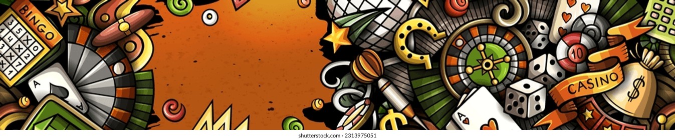 Casino hand drawn doodle banner. Cartoon vector detailed flyer. Illustration with gambling objects and symbols. Colorful horizontal background