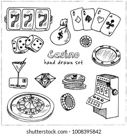 Casino. Hand drawn doodle set. Vector illustration. Isolated elements on white background. Symbol collection.