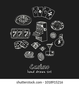 Casino. Hand drawn doodle set. Vector illustration. Isolated elements on black background. Symbol collection.