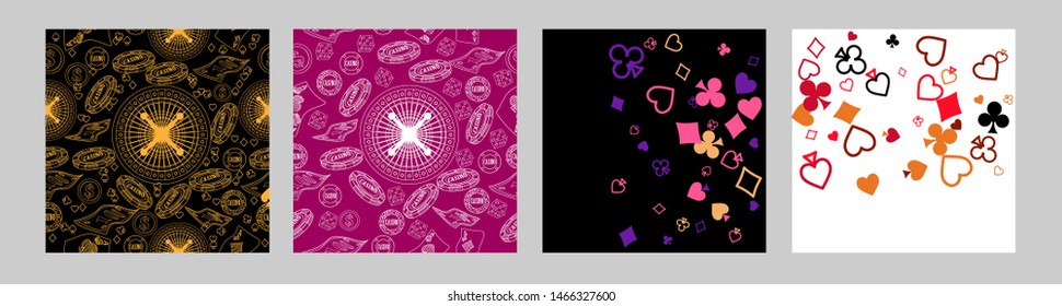 Casino hand drawn pattern with roulette, cards, casino chip, money. Vector illustration. Cute background for wallpaper, gift paper, pattern fills, textile, greetings cards.