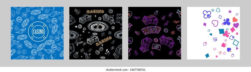 Casino hand drawn pattern with roulette, cards, casino chip, money. Vector illustration. Cute background for wallpaper, gift paper, pattern fills, textile, greetings cards.