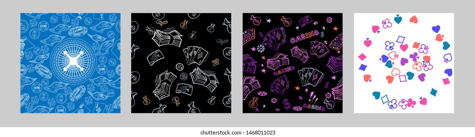 Casino hand drawn pattern with roulette, cards, casino chip, money. Vector illustration. Cute background for wallpaper, gift paper, pattern fills, textile, greetings cards.