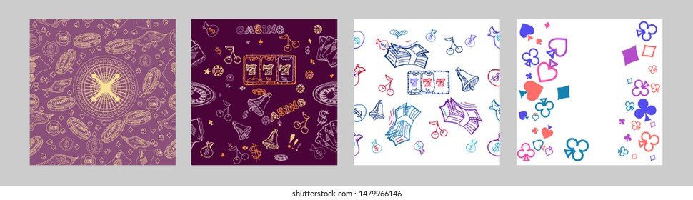 Casino hand drawn pattern with roulette, cards, casino chip, money. Vector illustration. Cute background for wallpaper, gift paper, pattern fills, textile, greetings cards.
