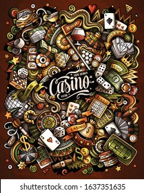 Casino hand drawn vector doodles illustration. Gambling elements and objects cartoon background. Bright colors funny picture