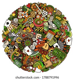 Ilustración de doodles vectoriales dibujados a mano en casinos. Elementos de juego y objetos de dibujos animados fondo. Colores brillantes imagen divertida