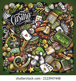 Casino hand drawn vector doodles illustration. Gambling elements and objects cartoon background. Bright colors funny picture