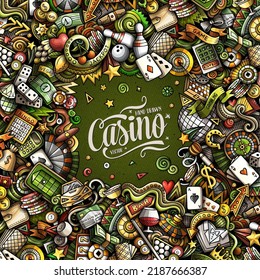Marco de doodles vectoriales dibujados a mano en casinos. Elementos de juego y objetos de dibujos animados fondo. Borde divertido de colores brillantes