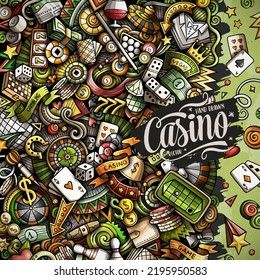 Casino hand drawn vector doodles frame. Gambling elements and objects cartoon background. Bright colors funny border