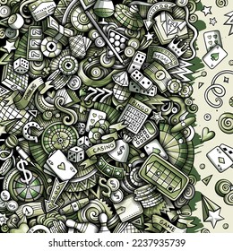 Casino hand drawn vector doodles frame. Gambling elements and objects cartoon background. Monochrome funny border