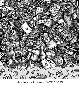 Casino hand drawn vector doodles frame. Gambling elements and objects cartoon background. Monochrome funny border