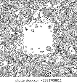 Casino hand drawn vector doodles frame. Gambling elements and objects cartoon background. Sketchy funny border. NOT AI