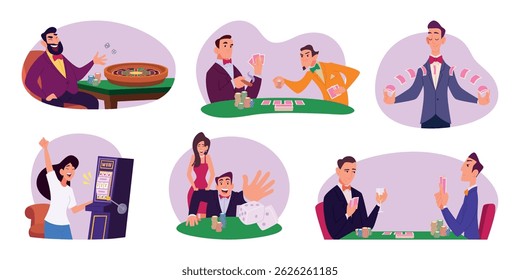Casino. Happy characters playing roulette slot machines and poker card gambling game exact vector set