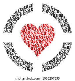 Casino hearts collage of dollar symbols and sphere spots. Vector dollar icons are united into casino hearts collage.