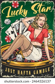 Casino hobby colorful vintage poster with girl sitting on table with roulette near playing cards for gambling vector illustration