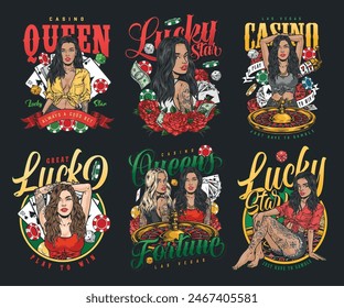 Casino hobby set flyers colorful with inscriptions lucky star and Las Vegas near women from gambling clubs vector illustration