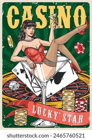 Casino holiday colorful vintage sticker with woman in peignoir near cards and chips for gambling vector illustration