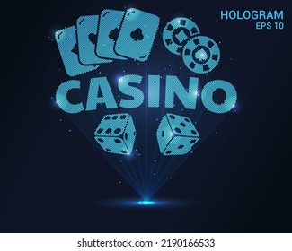 A casino hologram. Holographic projection of the card, casino chips, dice. A shimmering stream of particle energy. Scientific casino design.