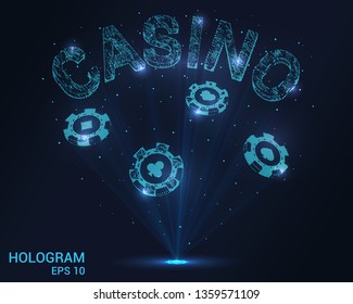 Casino hologram. Holographic projection of casino chips. Flickering energy flux of particles. The scientific design of gambling