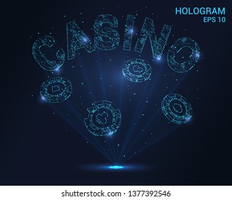 Casino hologram. Holographic projection of casino chips. Flickering energy flux of particles. The scientific design of gambling