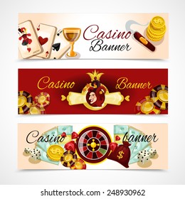 Casino horizontal banner set with roulette dice blackjack poker elements isolated vector illustration