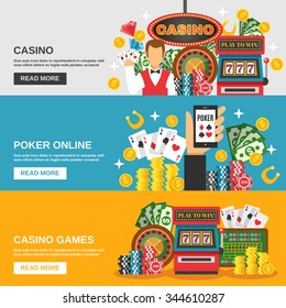 Casino horizontal banners set with poker online symbols flat isolated vector illustration 