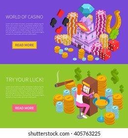 Casino horizontal isometric banners with gambling elements and girl at slot machine composition vector illustration 