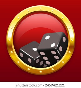 Casino icon. Black dice on a red round background in a gold frame. Vector illustration isolated on red background.