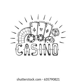  Casino icon with cards, chips, dice and roulette. Hand drawn vector illustration, design, greeting card, logo.