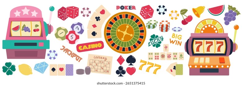 Casino icon. Cartoon slot machine. Poker cards. Roulette chips. Lucky dice. Gamble games. Jackpot symbols doodle. Gaming symbols. Mahjong and lottery. Gambling win. Bright play vector elements set