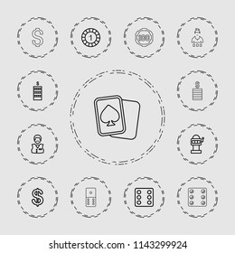 Casino icon. collection of 13 casino outline icons such as coin, dice, slot machine, spades. editable casino icons for web and mobile.