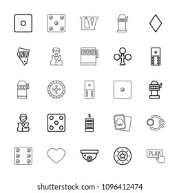 Casino icon. collection of 25 casino outline icons such as clubs, diamonds, coin, dice, security camera, vegas, domino, slot machine. editable casino icons for web and mobile.