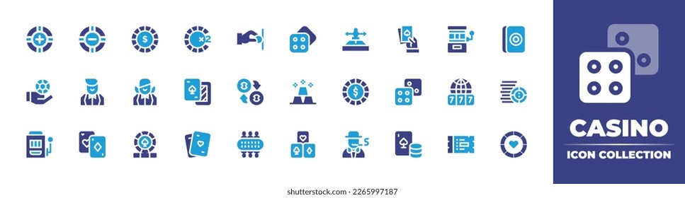 Casino icon collection. Duotone color. Vector illustration. Containing poker chip, chip, dice, roulette, poker, slot machine, mahjong, chips, croupier, playing card, exchange, gold ingots.