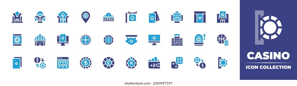 Casino icon collection. Duotone color. Vector illustration. Containing casino, online casino, casino chips, slot machine, bets, poker cards, exchange, Frame, poker chip, game, roulette, betting.